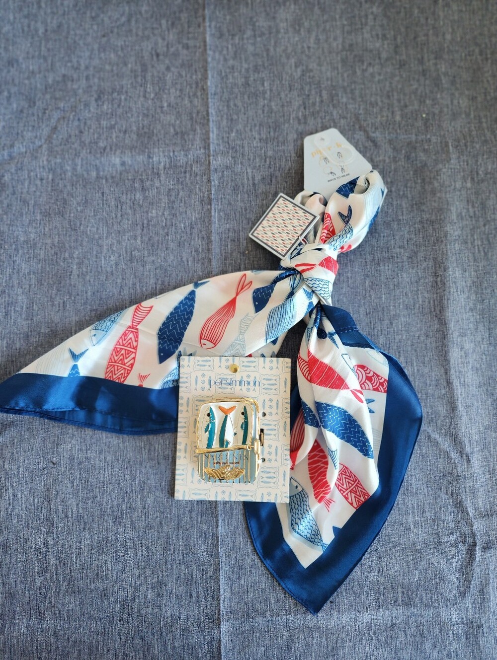 Piper K Sardine Fish Print Navy, Red & White Women's Scarf And Hair Claw Clip